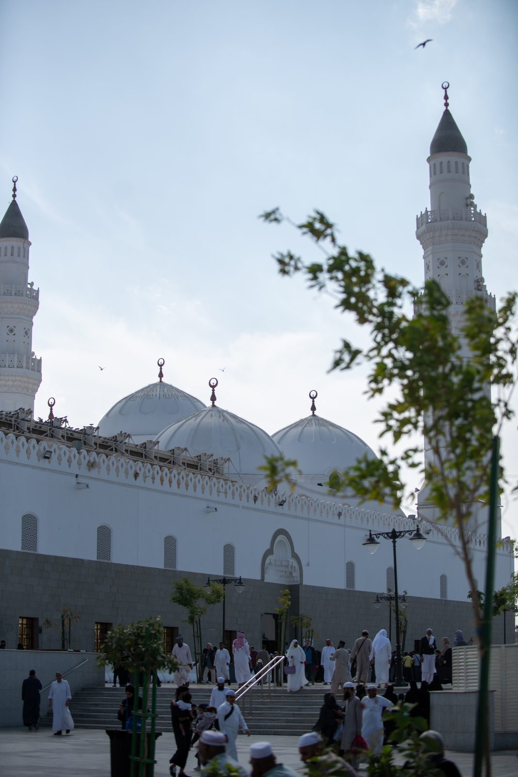 The Green Dome and minaret of the Prophet's Mosque at dusk