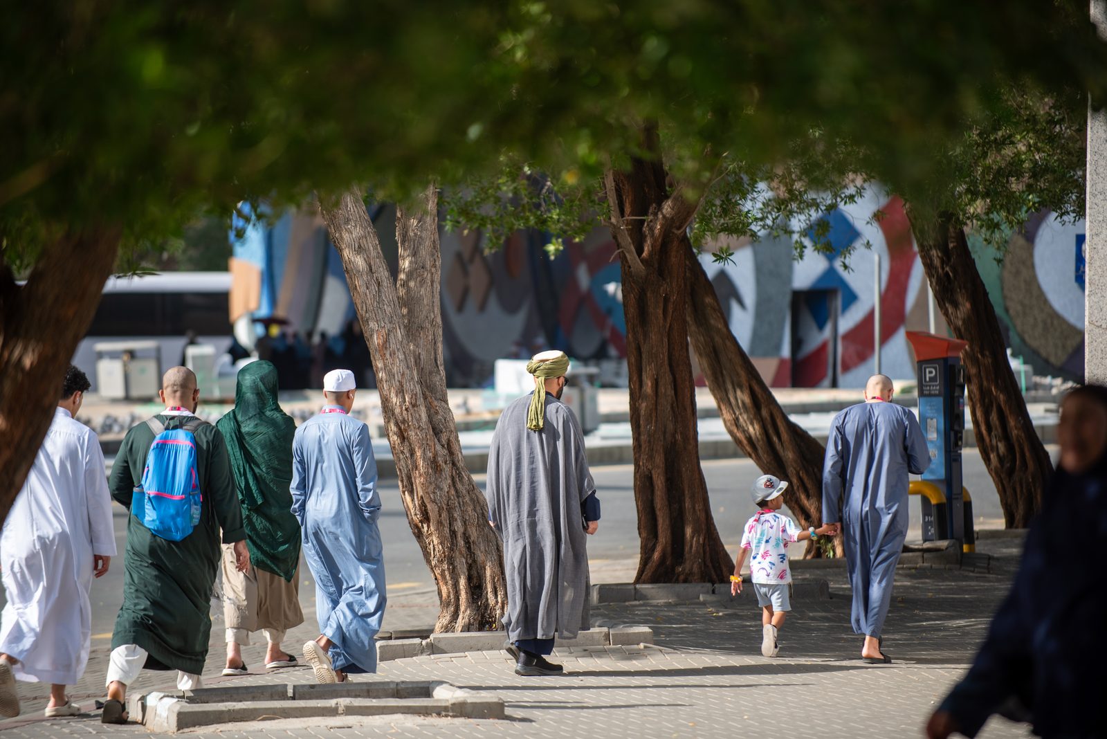 Pilgrims walking through the palm-lined plaza with pigeons overhead